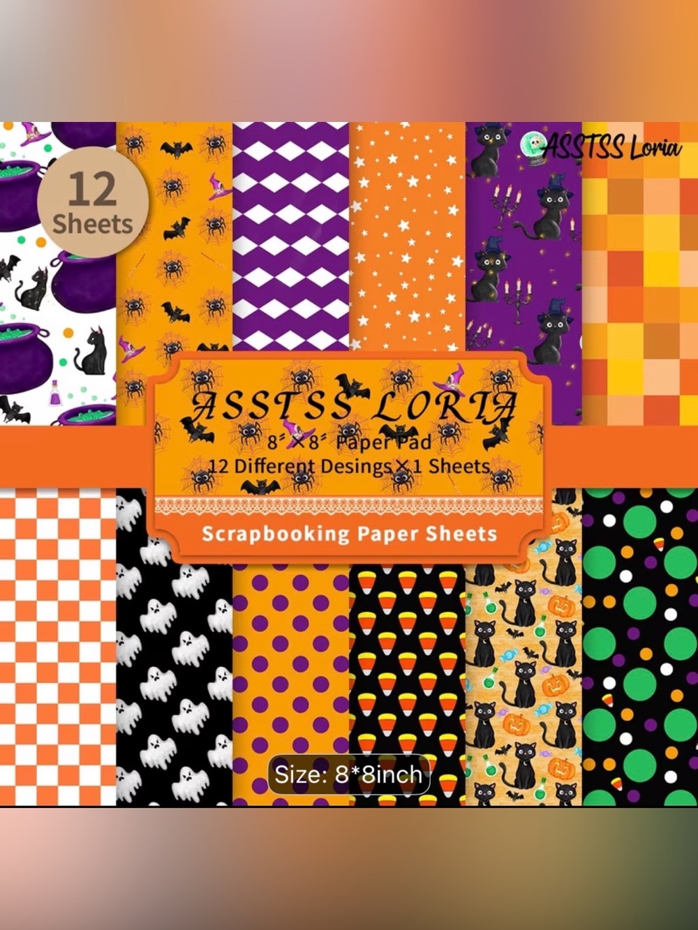 🐈‍⬛ Halloween Scrapbooking Patterned Paper Pack - Black, Orange & Purple 8x8” 👻💜